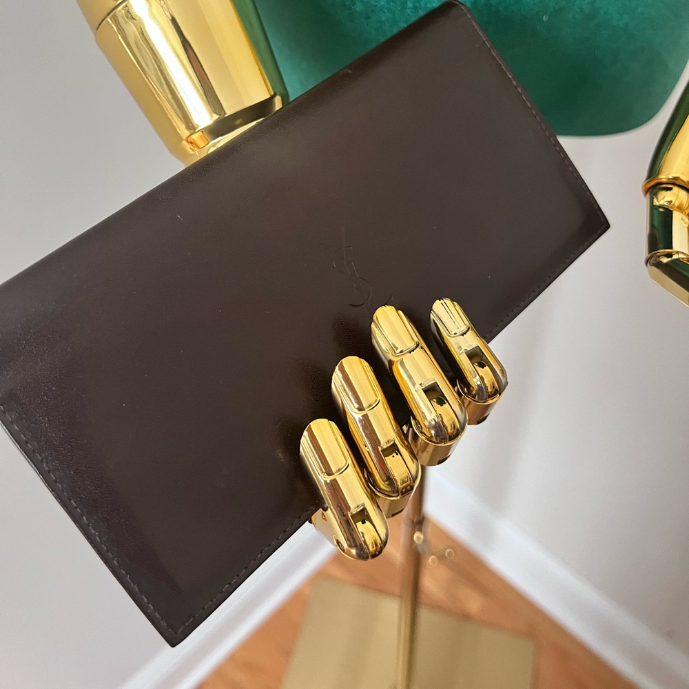 Yves Saint Laurent Long Wallet YSL Logo Brown Leather